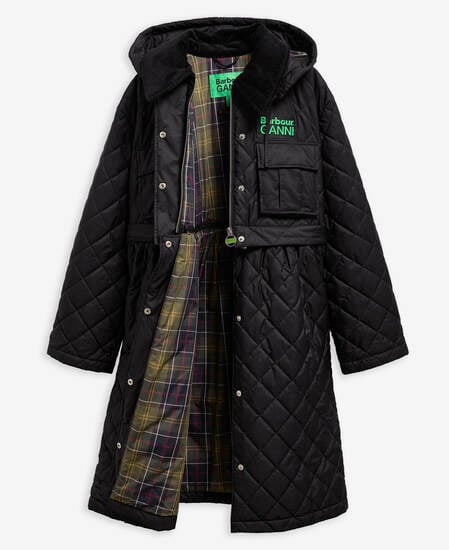 Barbour x GANNI Peplum Longline Quilted Jacket Black/Classic Tartan