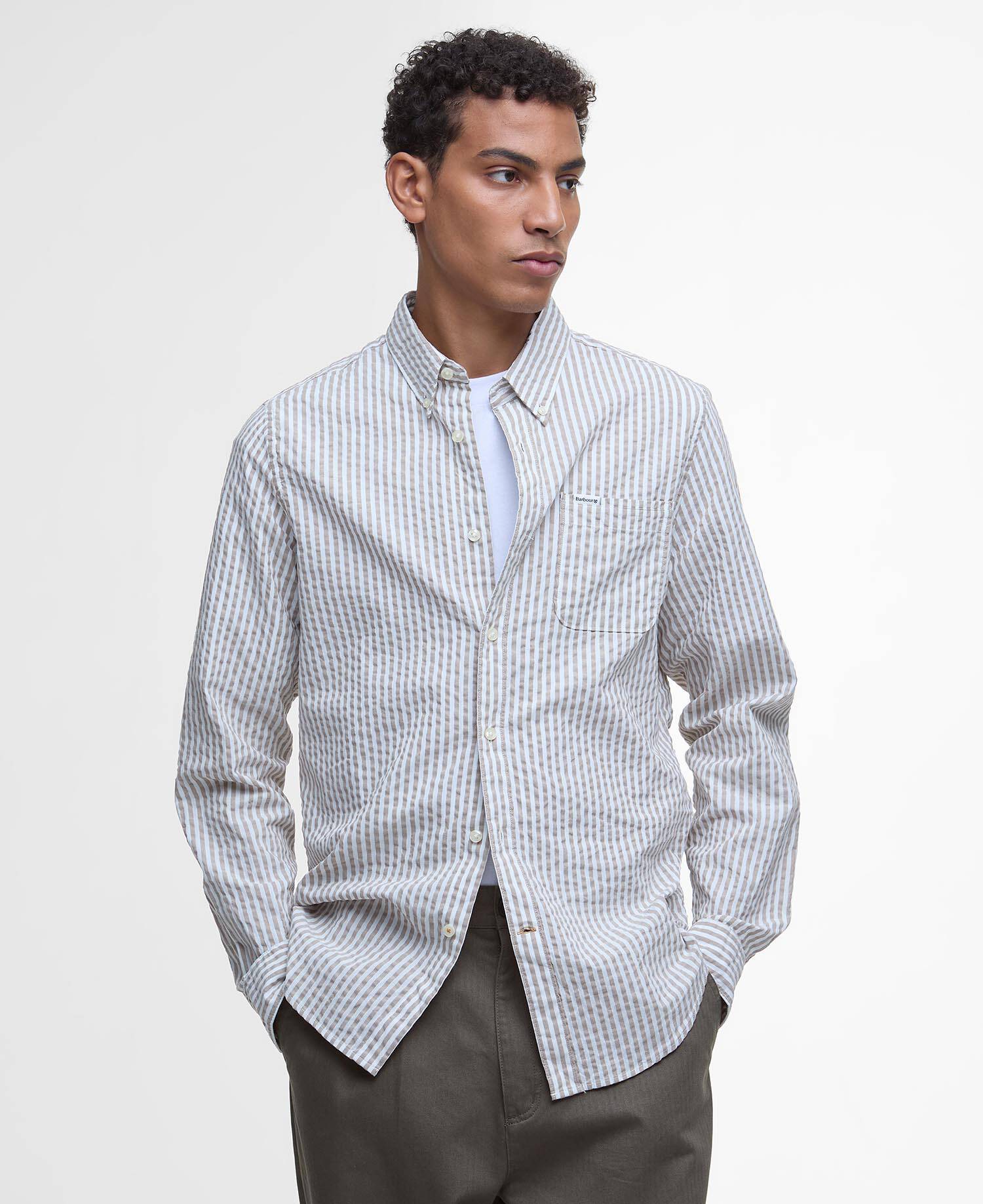 Cresswell Seersucker Tailored Long-Sleeved Shirt Stone image number 0
