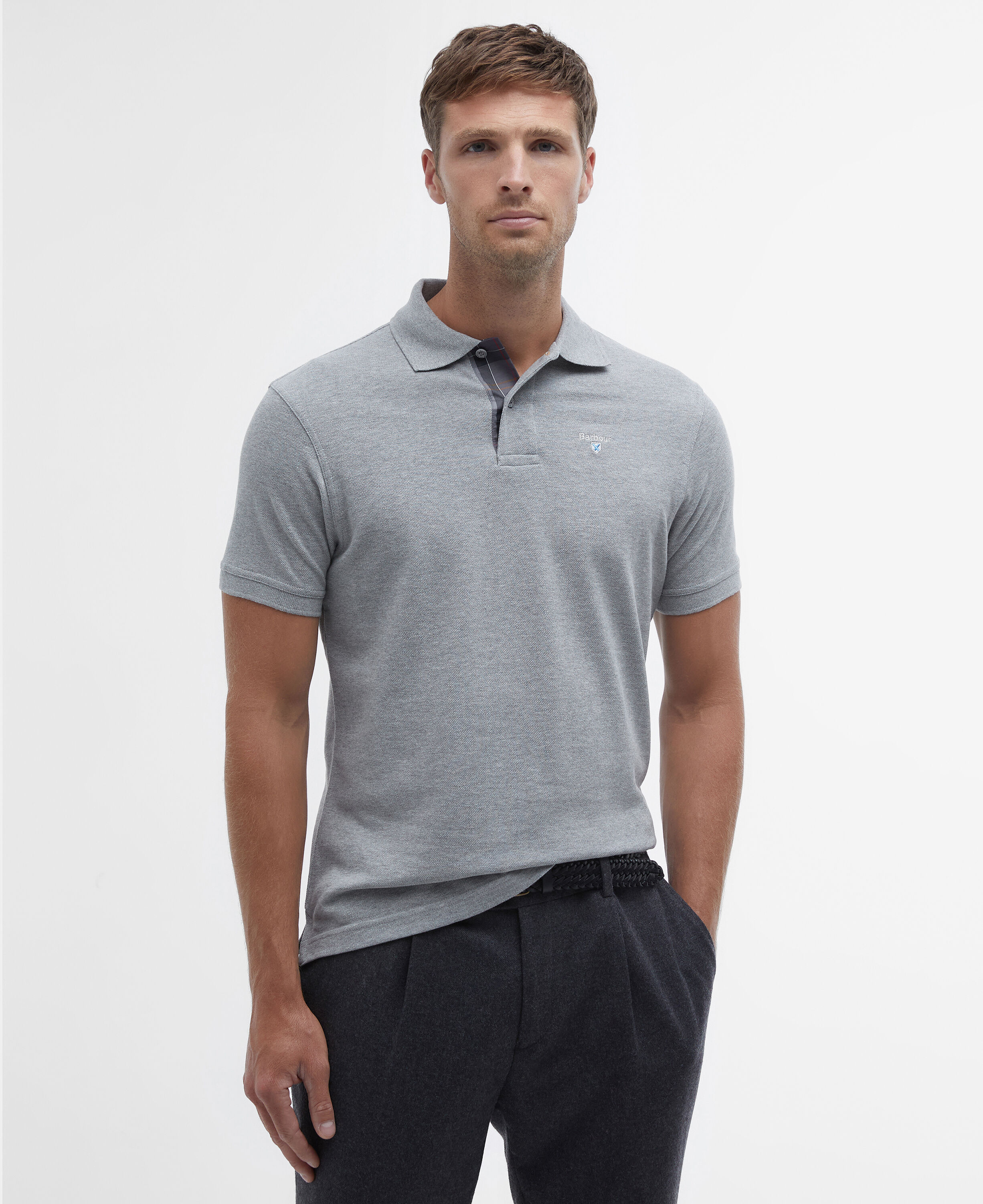 Tartan Pique Polo Shirt Grey Marl