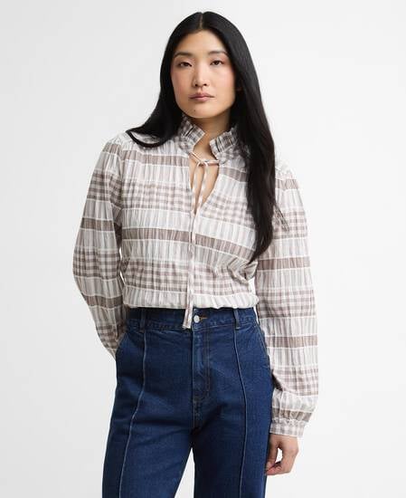 Hinton Gingham Ruffled Blouse Sand/White Gingham