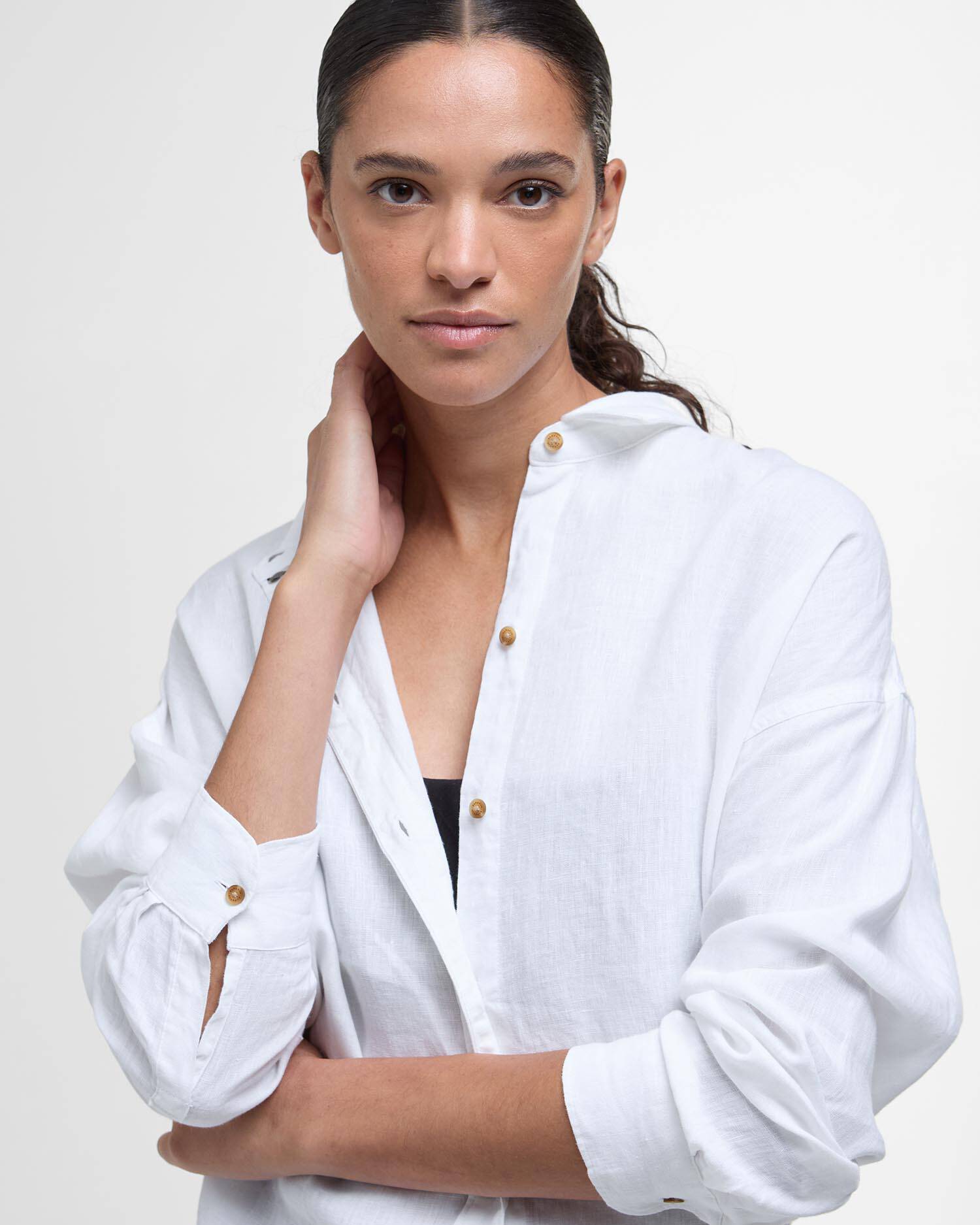 Hampton Relaxed Linen Shirt White/Safari Dress Tartan image number 3