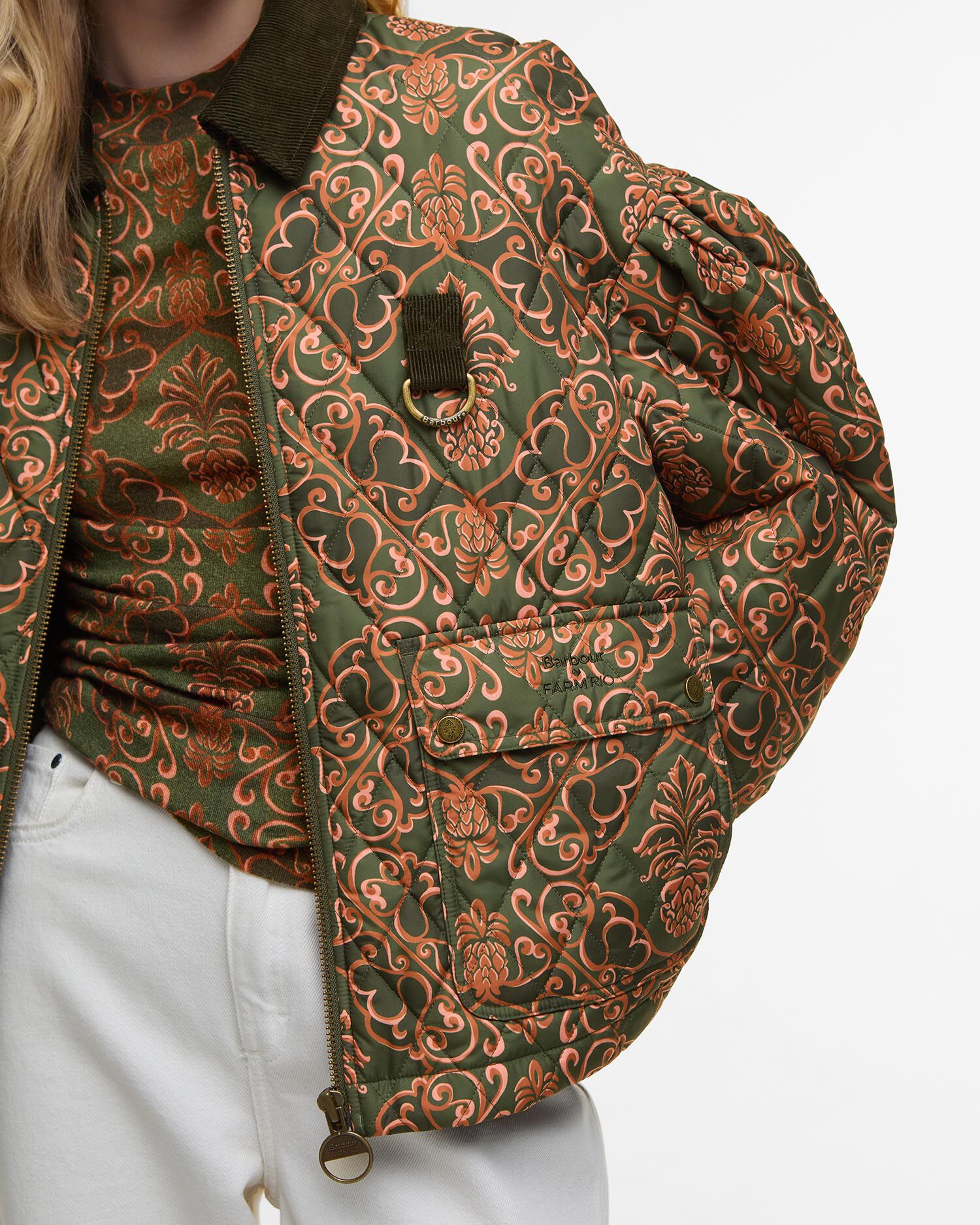 Barbour FARM Rio Luisa Quilted Jacket Pineapple/Green Heart Print