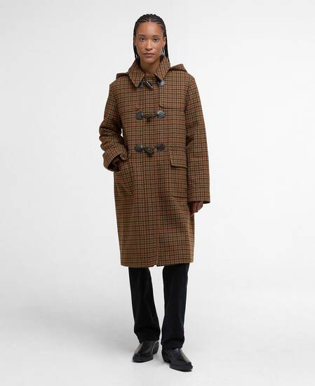 Melody Check Wool Duffle Coat Brown/Orange Check/Hessian Tartan