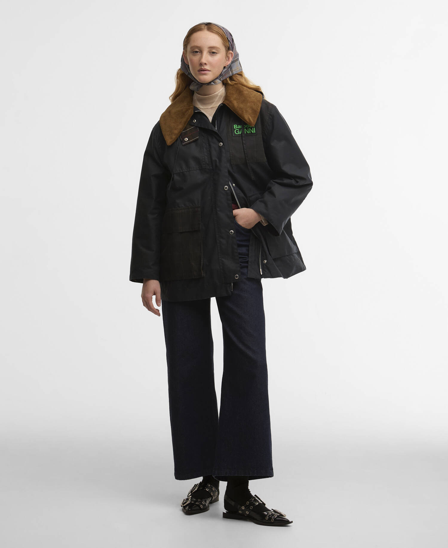 Barbour x GANNI Waxed Duffle Coat Navy/Classic Tartan image number 1