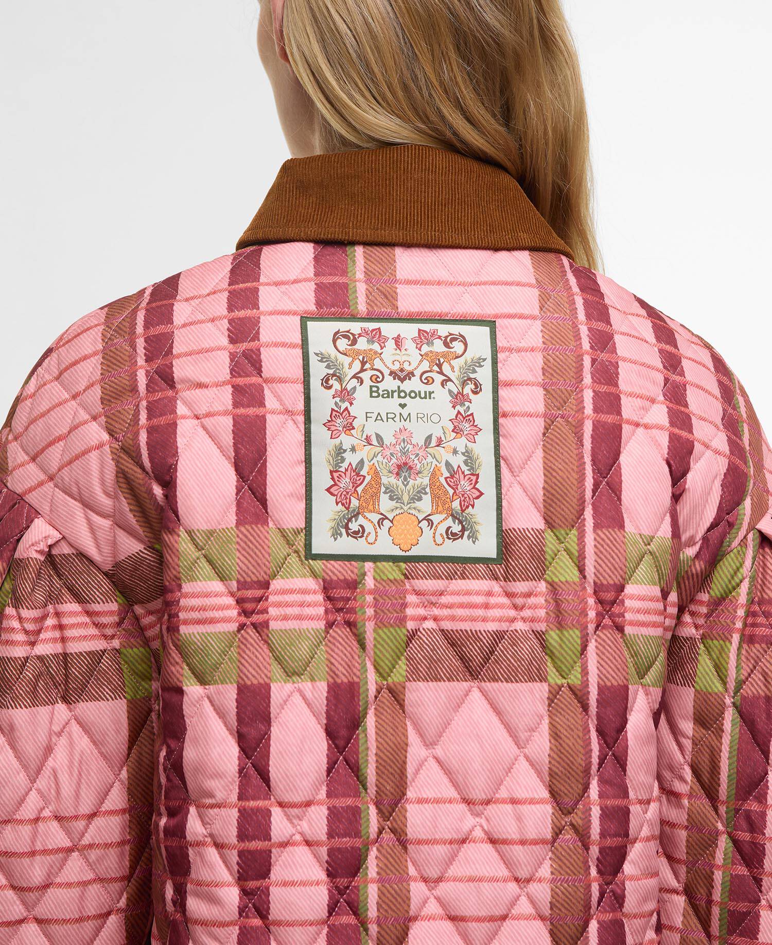 Barbour FARM Rio Ana-Clara Quilted Jacket Pink Tartan/Beige Heart Print image number 5