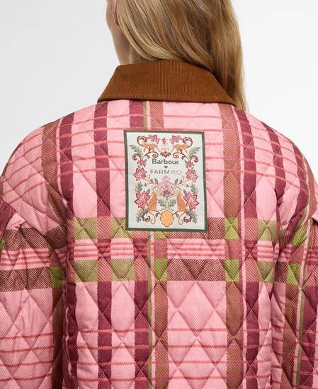 Barbour FARM Rio Ana-Clara Quilted Jacket Pink Tartan/Beige Heart Print