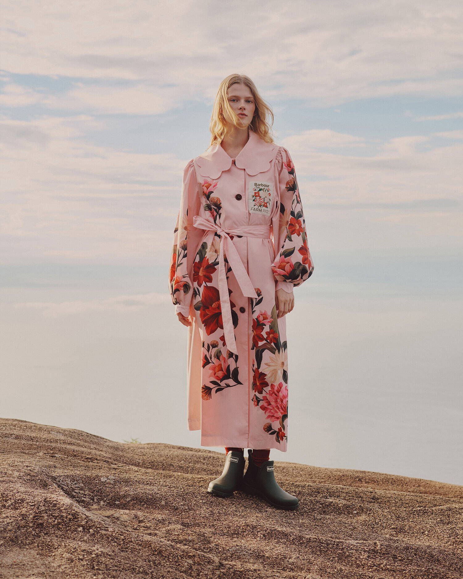 Barbour FARM Rio Bromelia Showerproof Trench Coat Pink Edens Bloom/Cream Flower image number 0