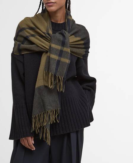 Sciarpa con motivo tartan in lana d’agnello Maxine Black/Olive