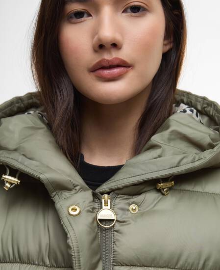 Piumino Track Line dal taglio corto Dusky Khaki/Jasmine Leopard Print