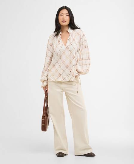 Asker Check Ruffled Blouse Silver Peony Painted Check