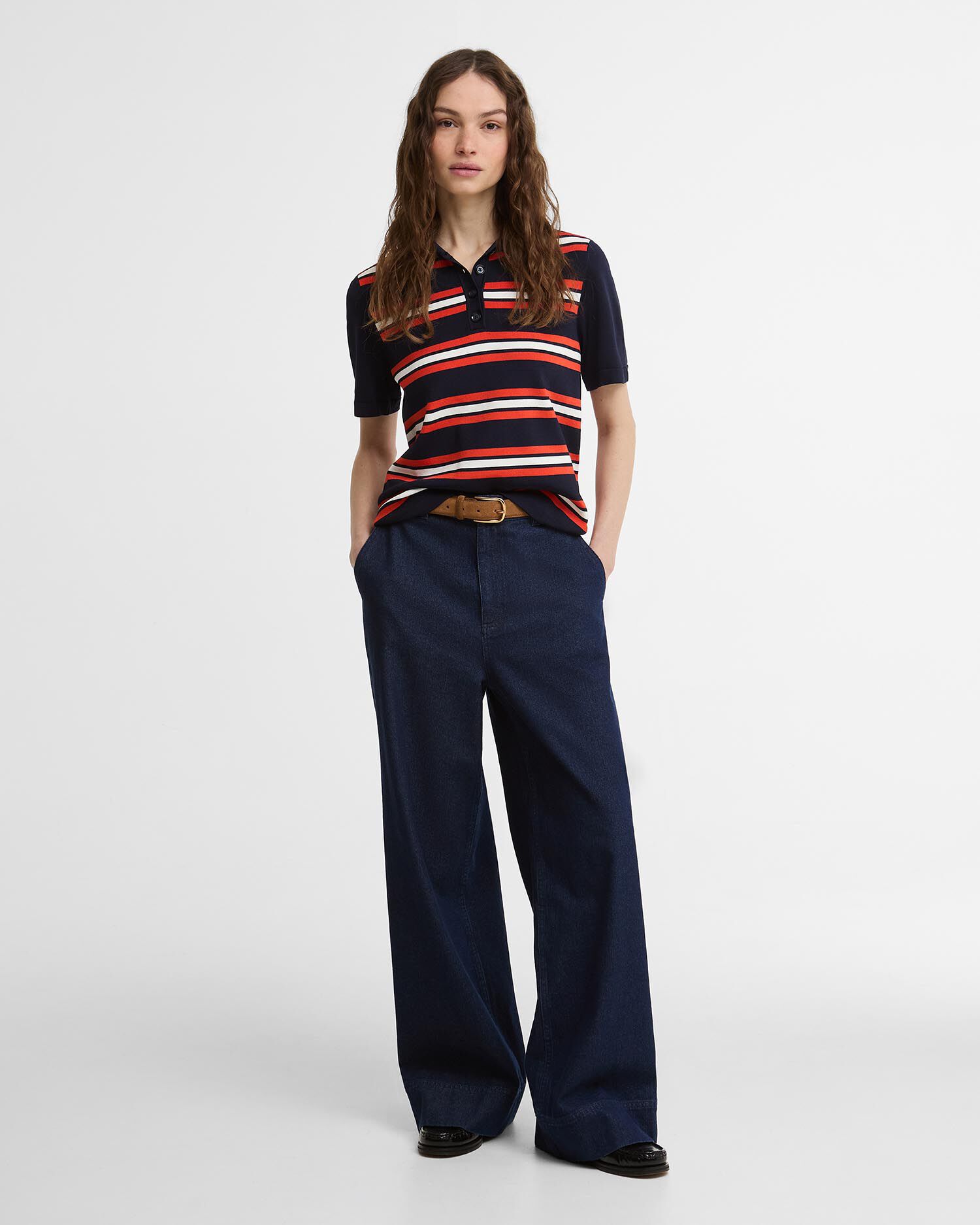 Launton Striped Knitted Polo Shirt Navy Stripe