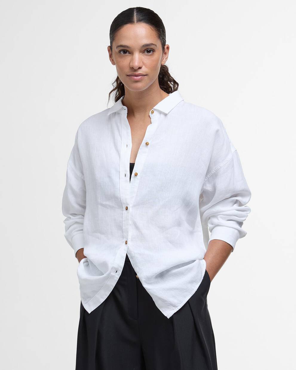 Hampton Relaxed Linen Shirt White/Safari Dress Tartan