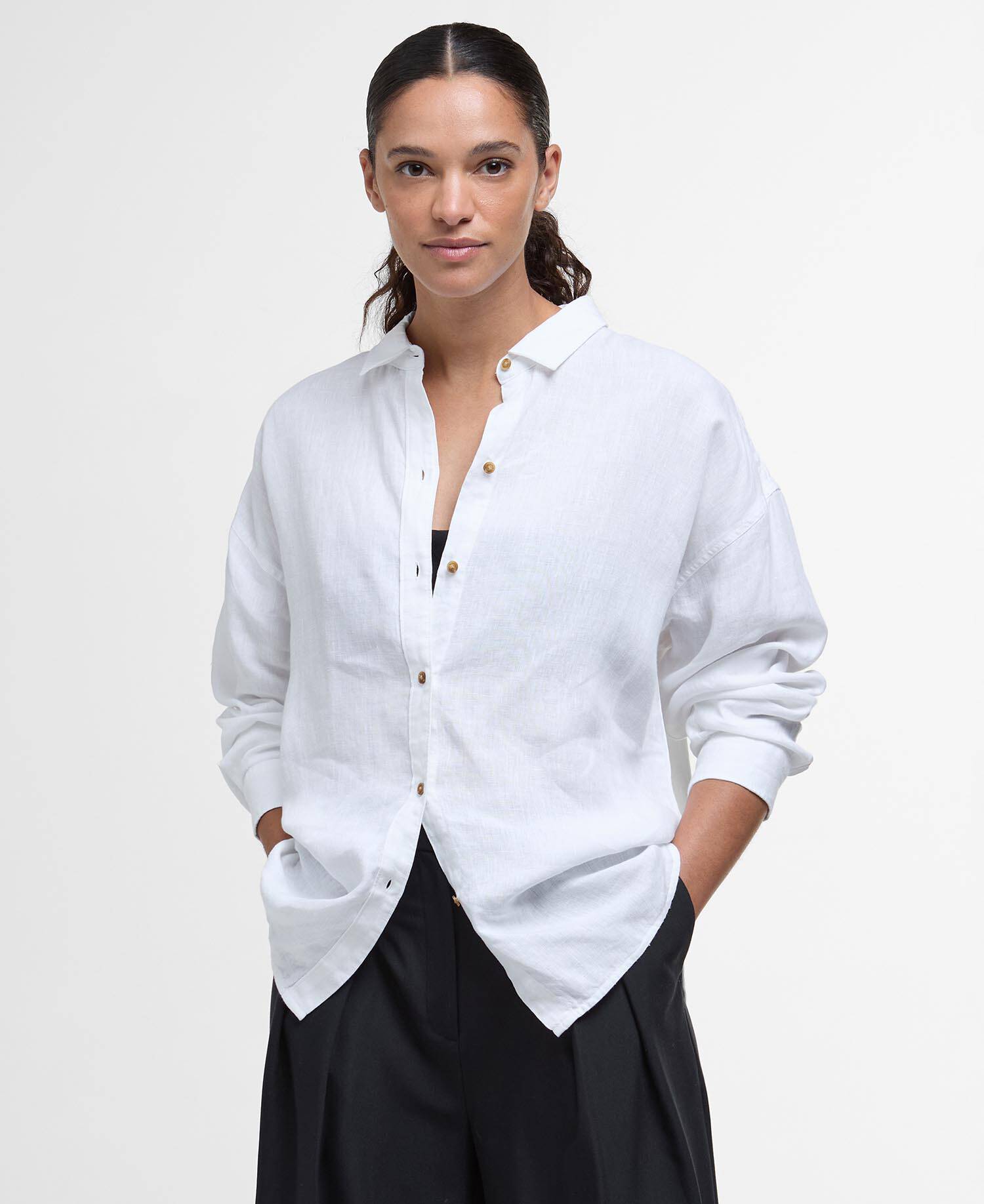 Hampton Relaxed Linen Shirt White/Safari Dress Tartan image number 0