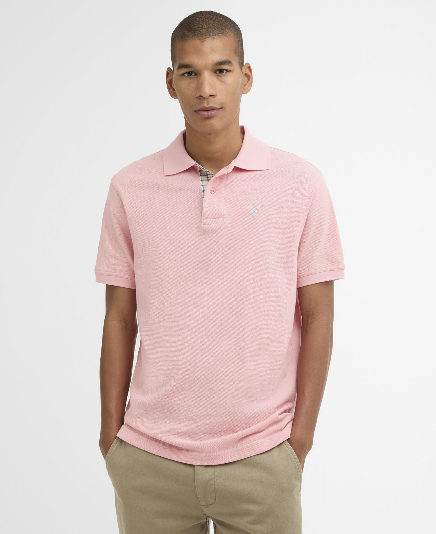 Polo in tartan e piqu&eacute; di cotone Mineral Pink