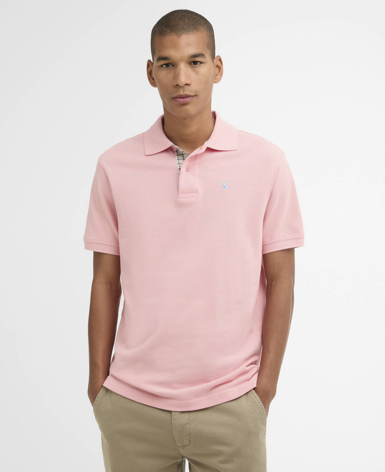 Polo in tartan e piqu&eacute; di cotone Mineral Pink image number 0