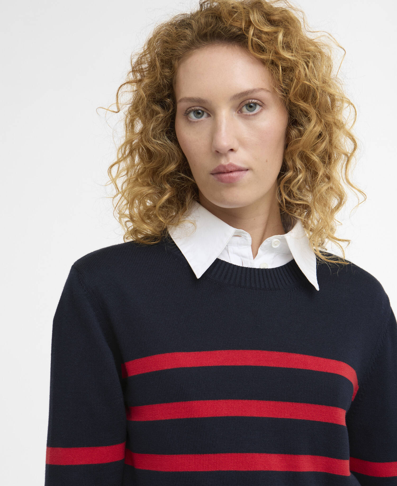 Fern Striped Crew Neck Jumper Navy/Poppy Red image number 3