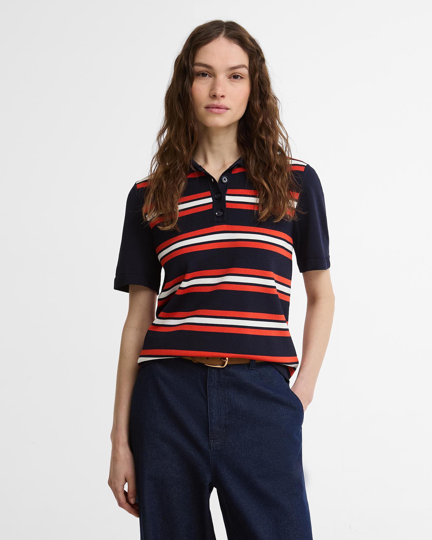 Launton Striped Knitted Polo Shirt Navy Stripe