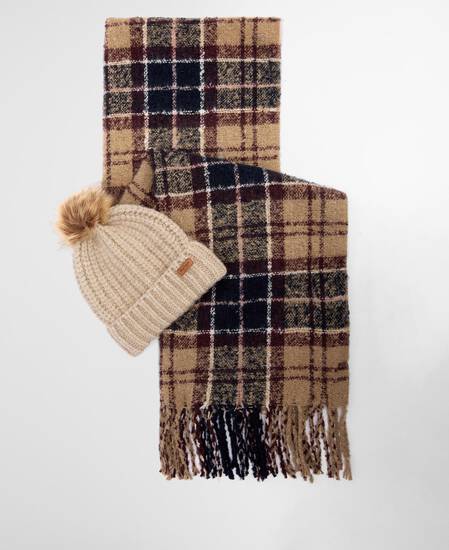 Saltburn Beanie & Tartan Scarf Gift Set Gardenia Tartan