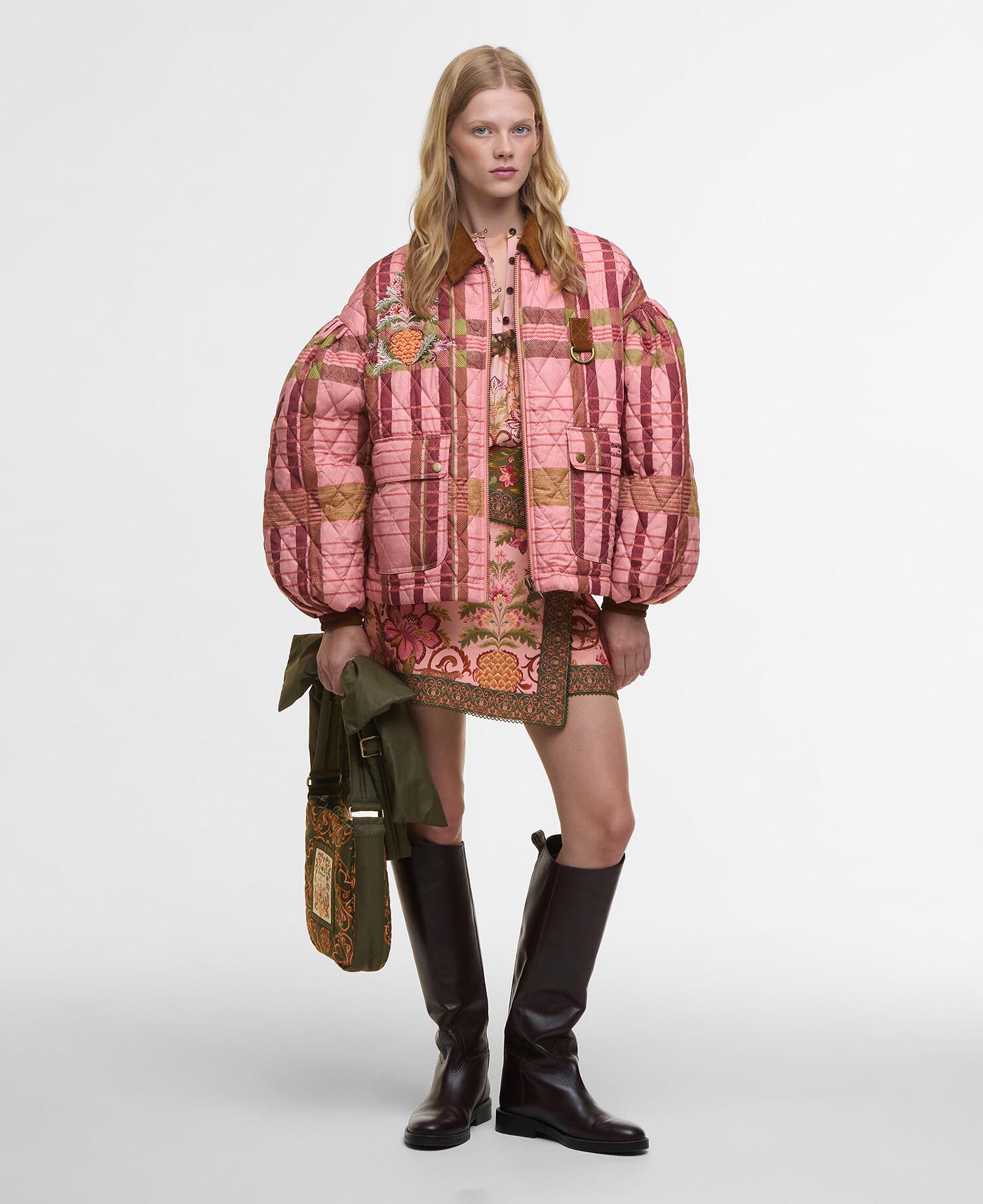 Barbour FARM Rio Ana-Clara Quilted Jacket Pink Tartan/Beige Heart Print