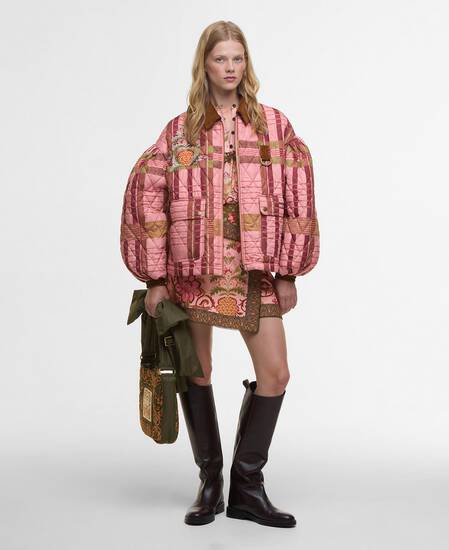 Barbour FARM Rio Ana-Clara Quilted Jacket Pink Tartan/Beige Heart Print