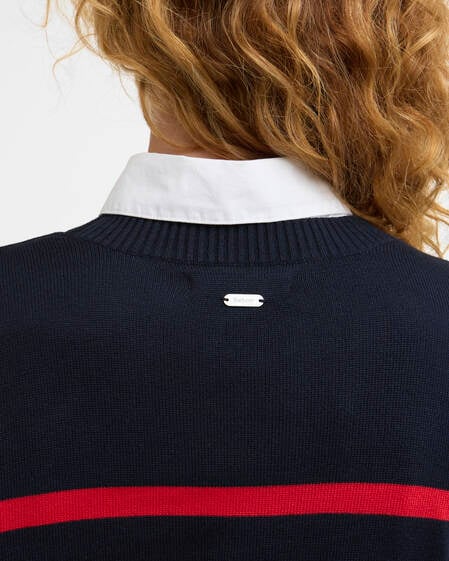 Fern Striped Crew Neck Jumper Navy/Poppy Red