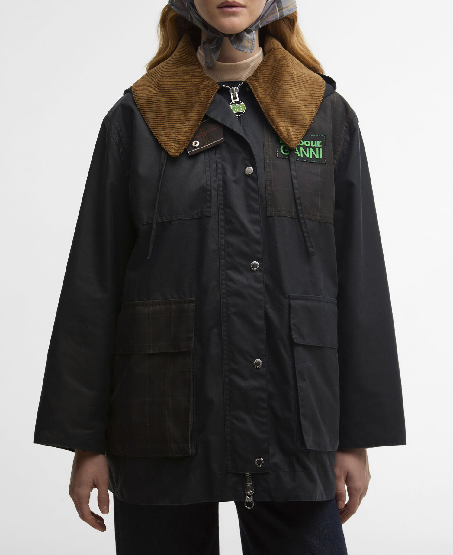 Barbour x GANNI Waxed Duffle Coat Navy/Classic Tartan