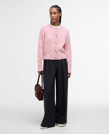 Elina Wool-Cashmere Cable-Knit Cardigan Cherry Blossom