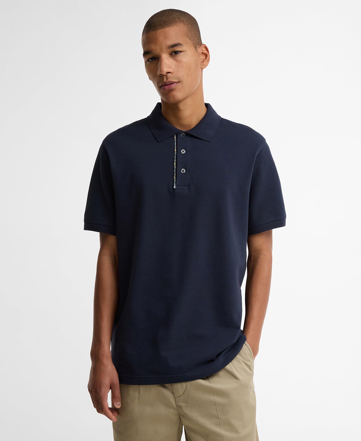 Reston Tartan Trim Tailored Polo Shirt Navy