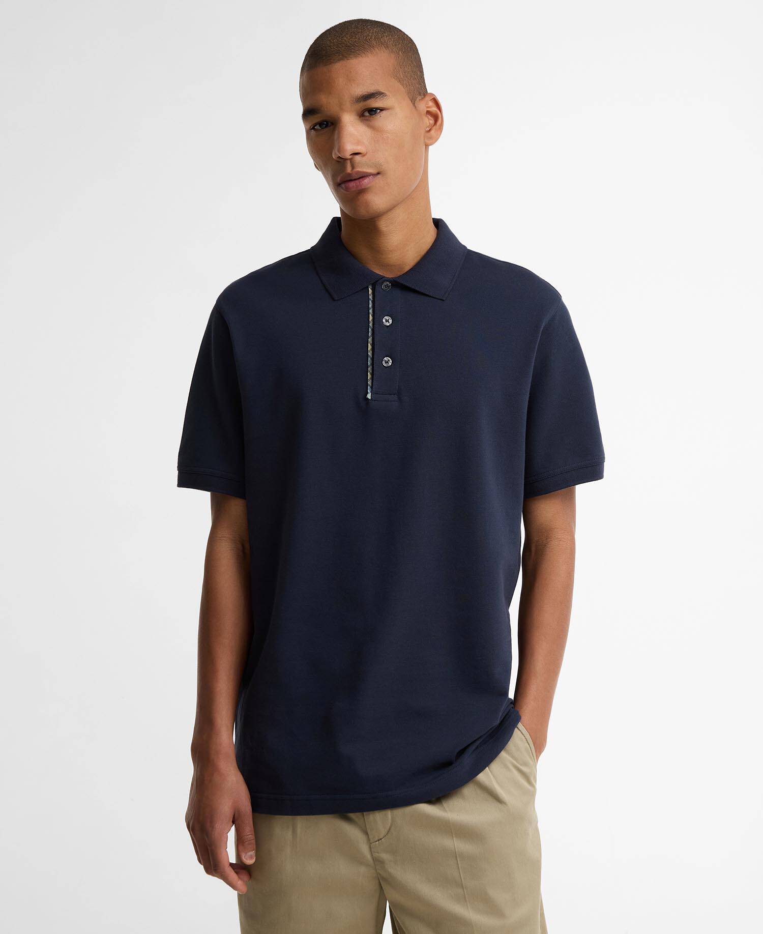 Reston Tartan Trim Tailored Polo Shirt Navy image number 0
