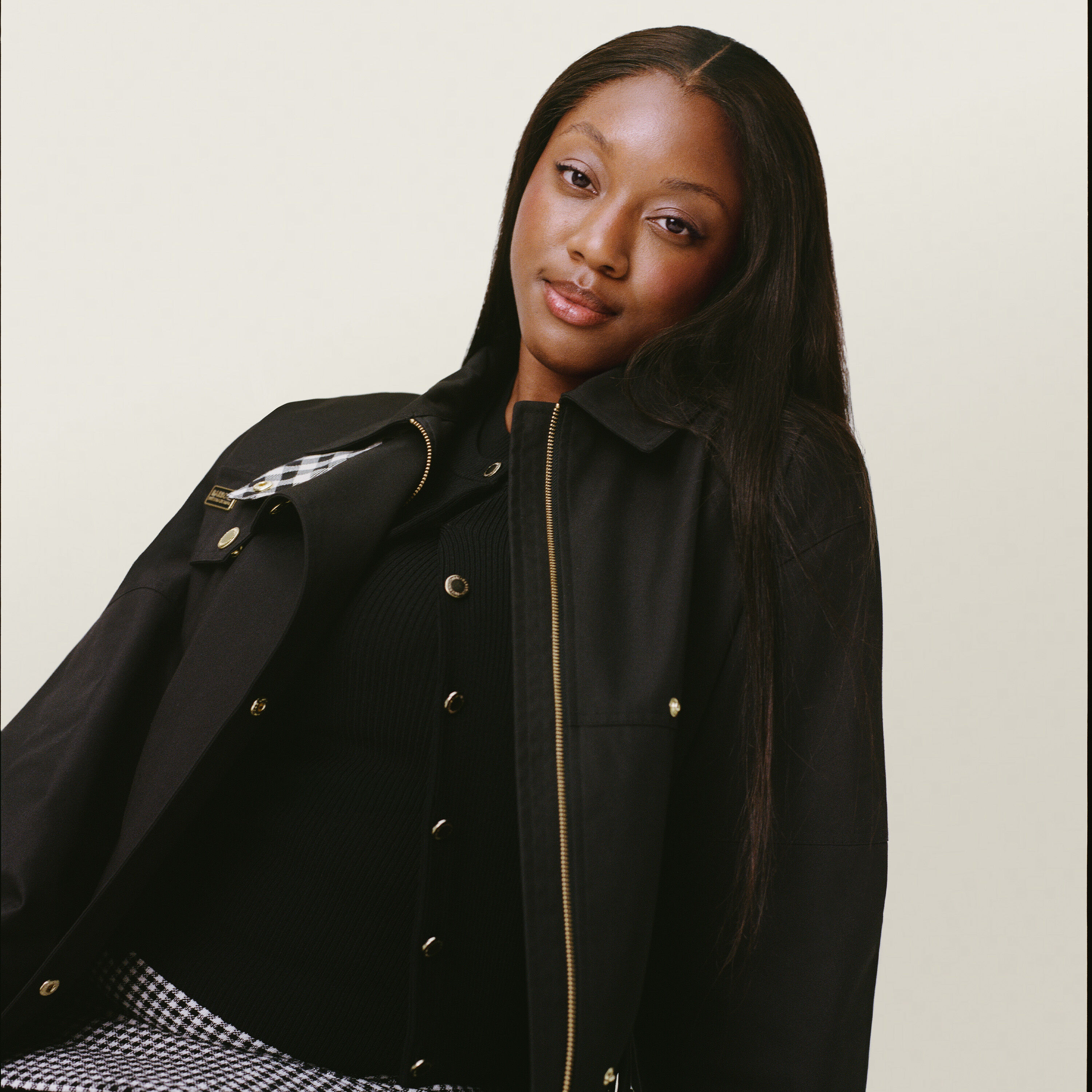Angelica Jells wearing the Barbour International Gea Gingham Showerproof Jacket