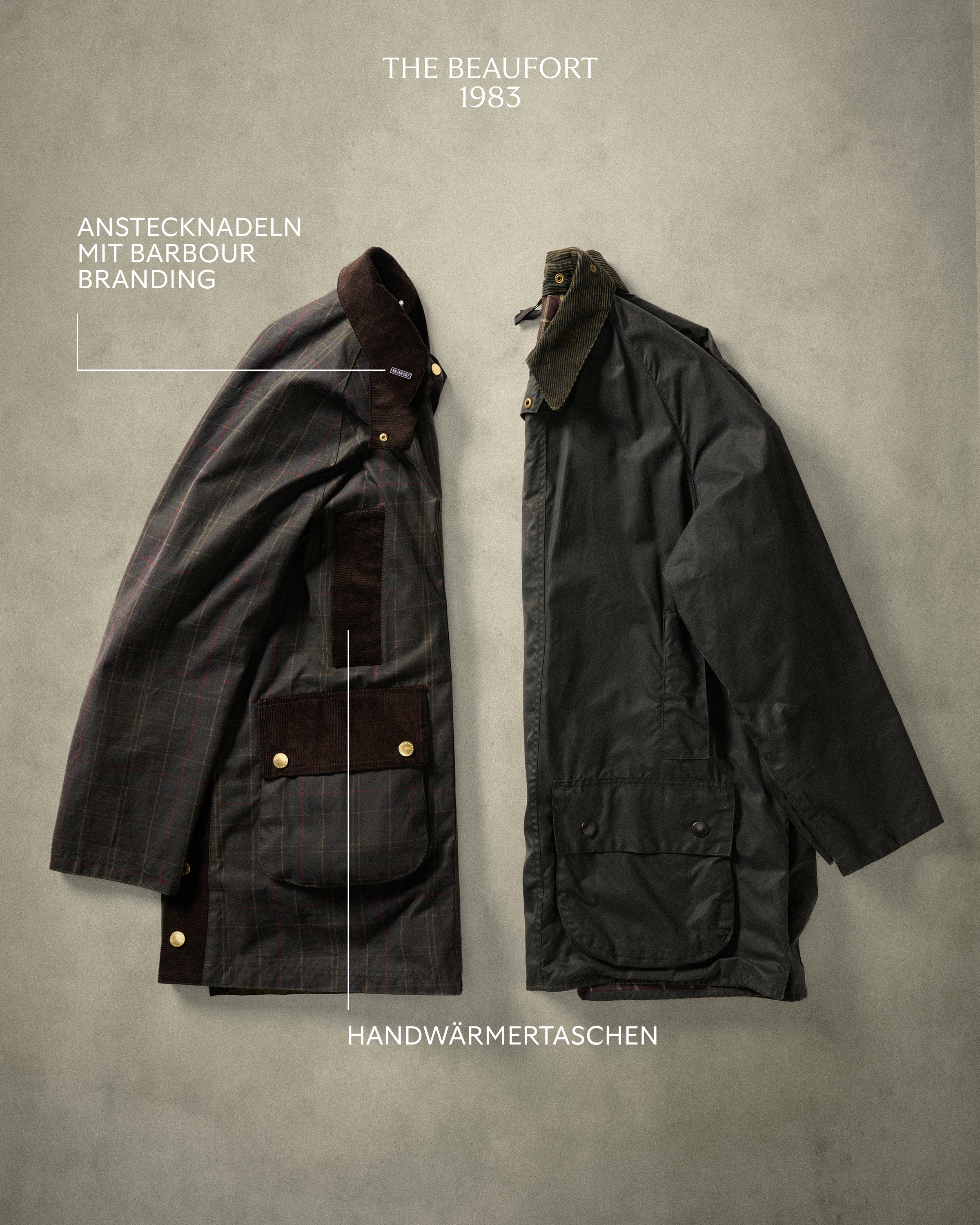 Beaufort Waxed Jacket Details 
1. ANSTECKNADELN MIT BARBOUR BRANDING
2. HANDW&Auml;RMERTASCHEN