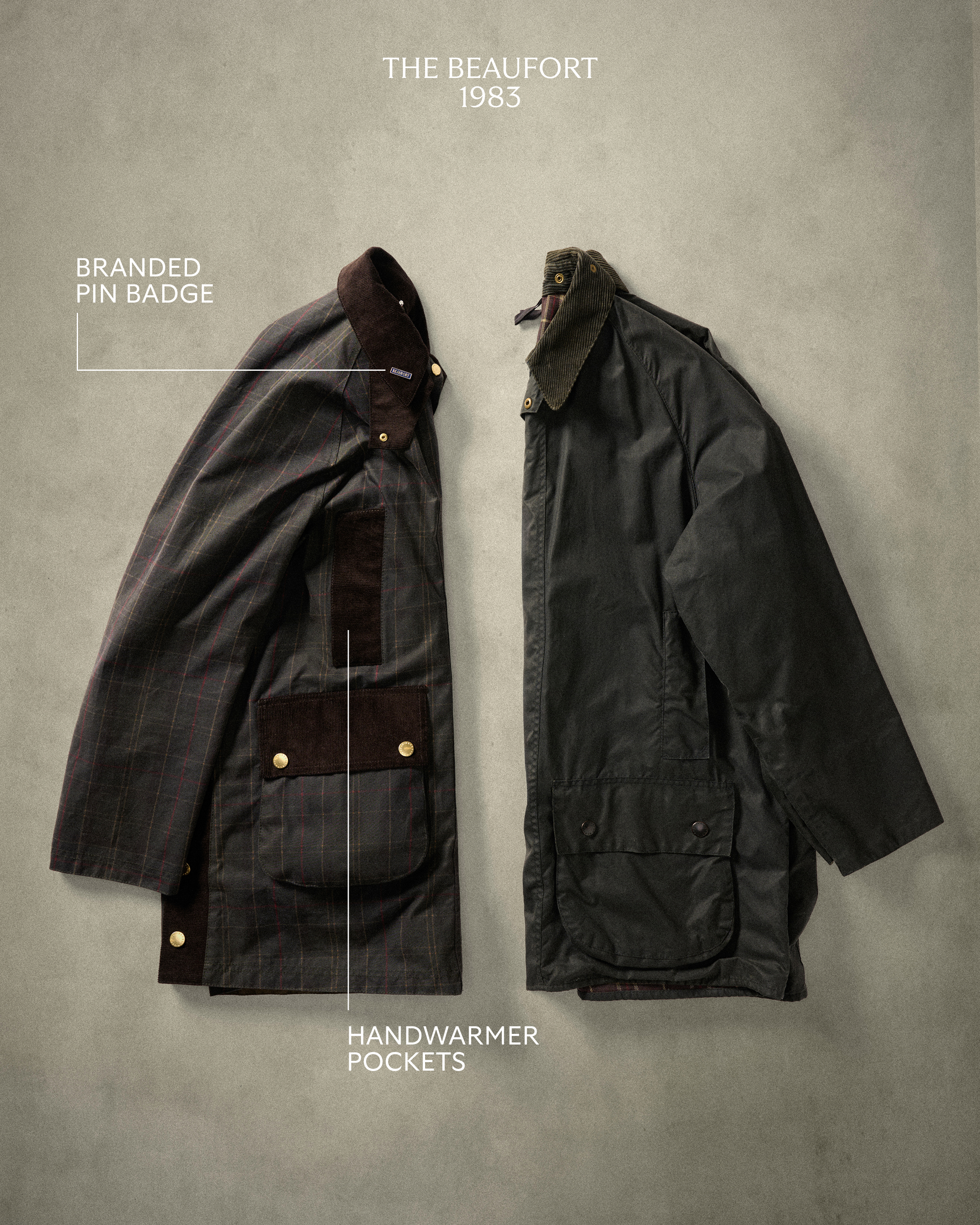 Beaufort Waxed Jacket Details 
1. Branded Pin Badge
2. Handwarmer Pockets 