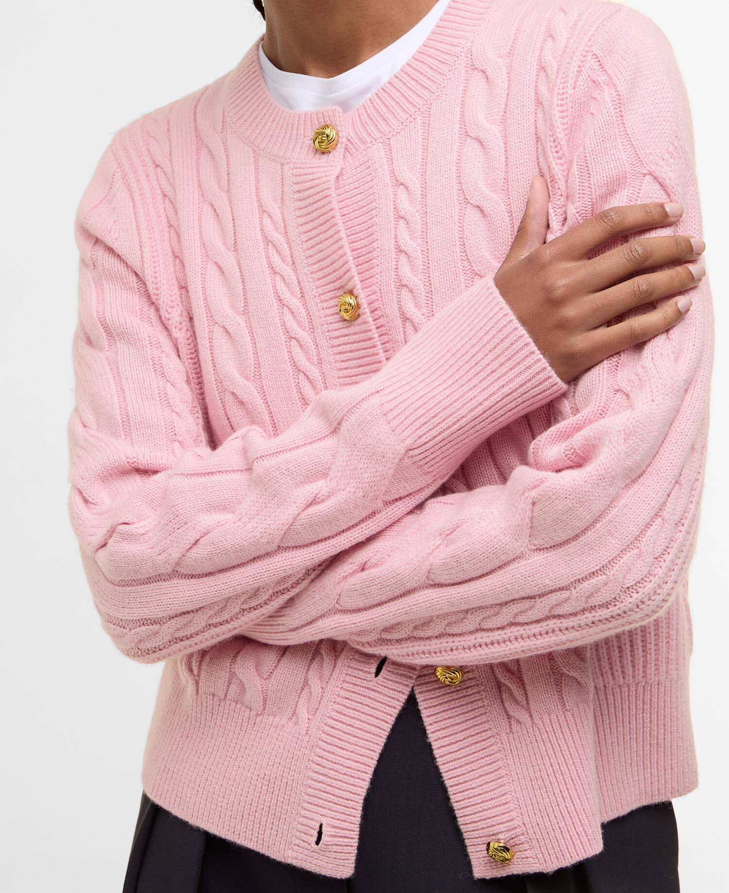 Elina Wool-Cashmere Cable-Knit Cardigan Cherry Blossom image number 3