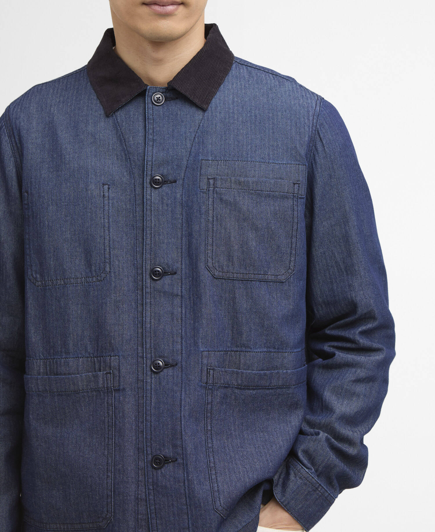 Overshirt Piligan in denim con motivo a spina di pesce Indigo image number 3