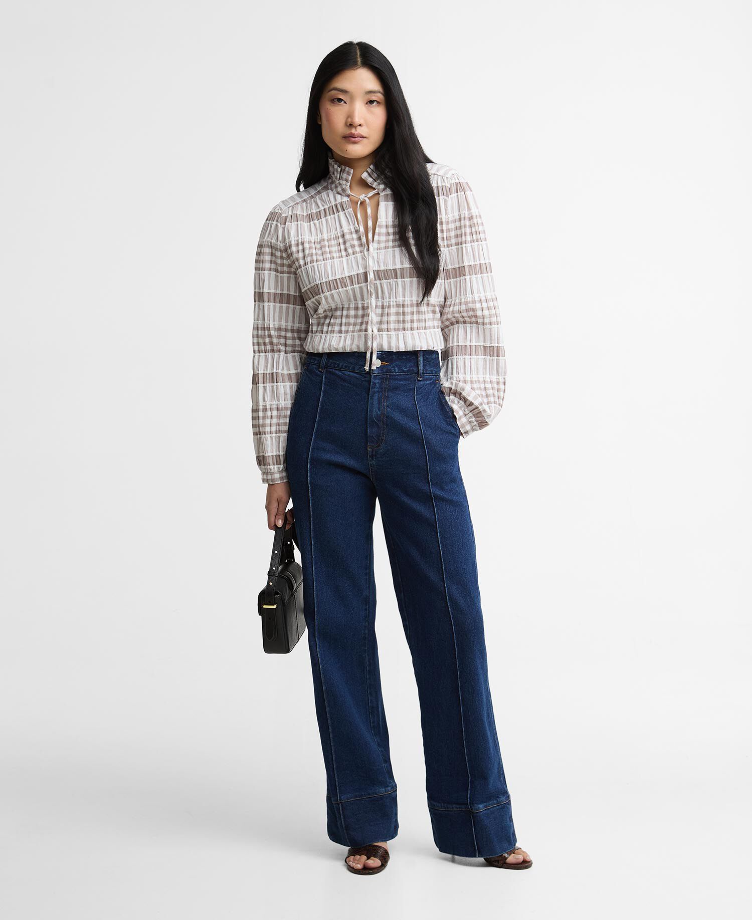 Hinton Gingham Ruffled Blouse Sand/White Gingham