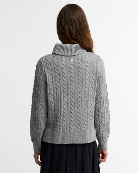 Maglione a trecce Ambleside a collo alto con risvolto Grey Marl