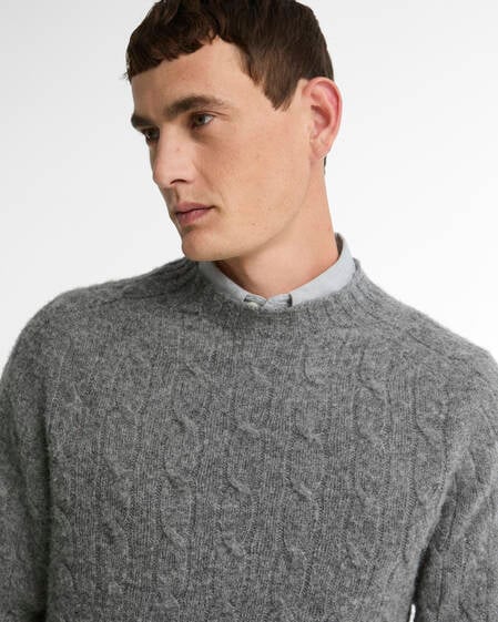 Scottish Made Cable-Knit Wool Crew Neck Jumper Grey Marl