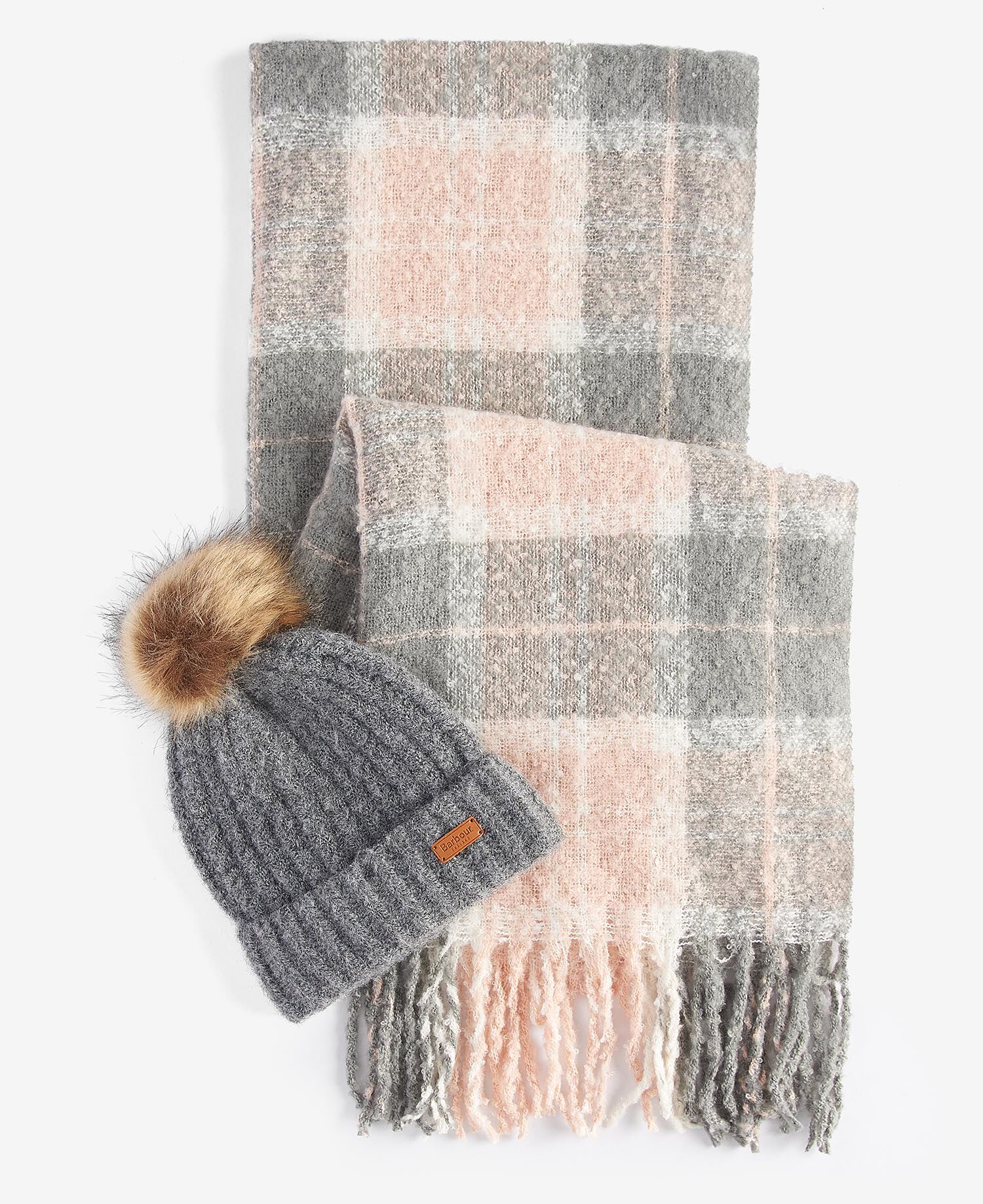 Saltburn Beanie & Tartan Scarf Gift Set Grey Rose