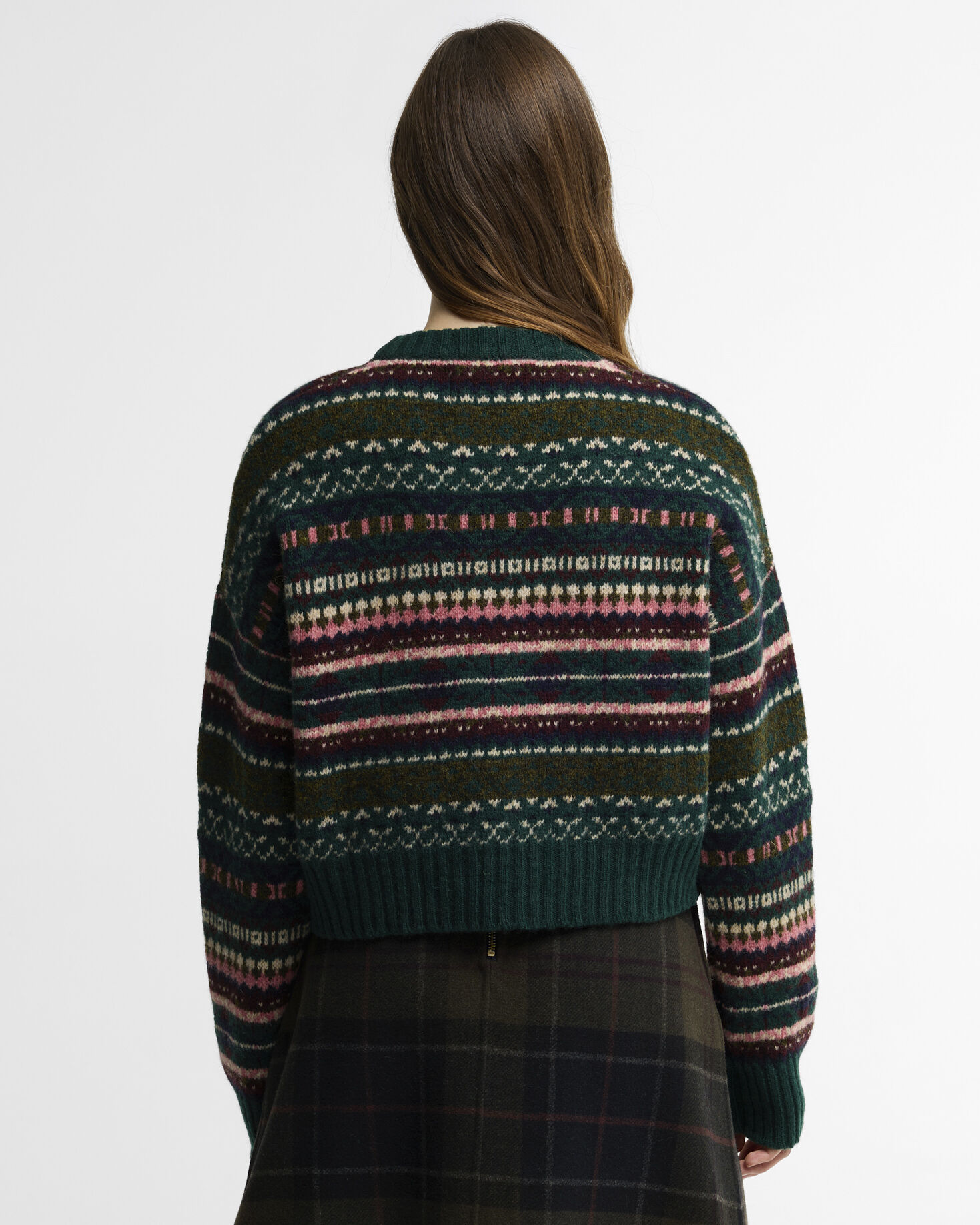 Scottish Made Overton Wool Cropped Crew Neck Jumper Olive Multi