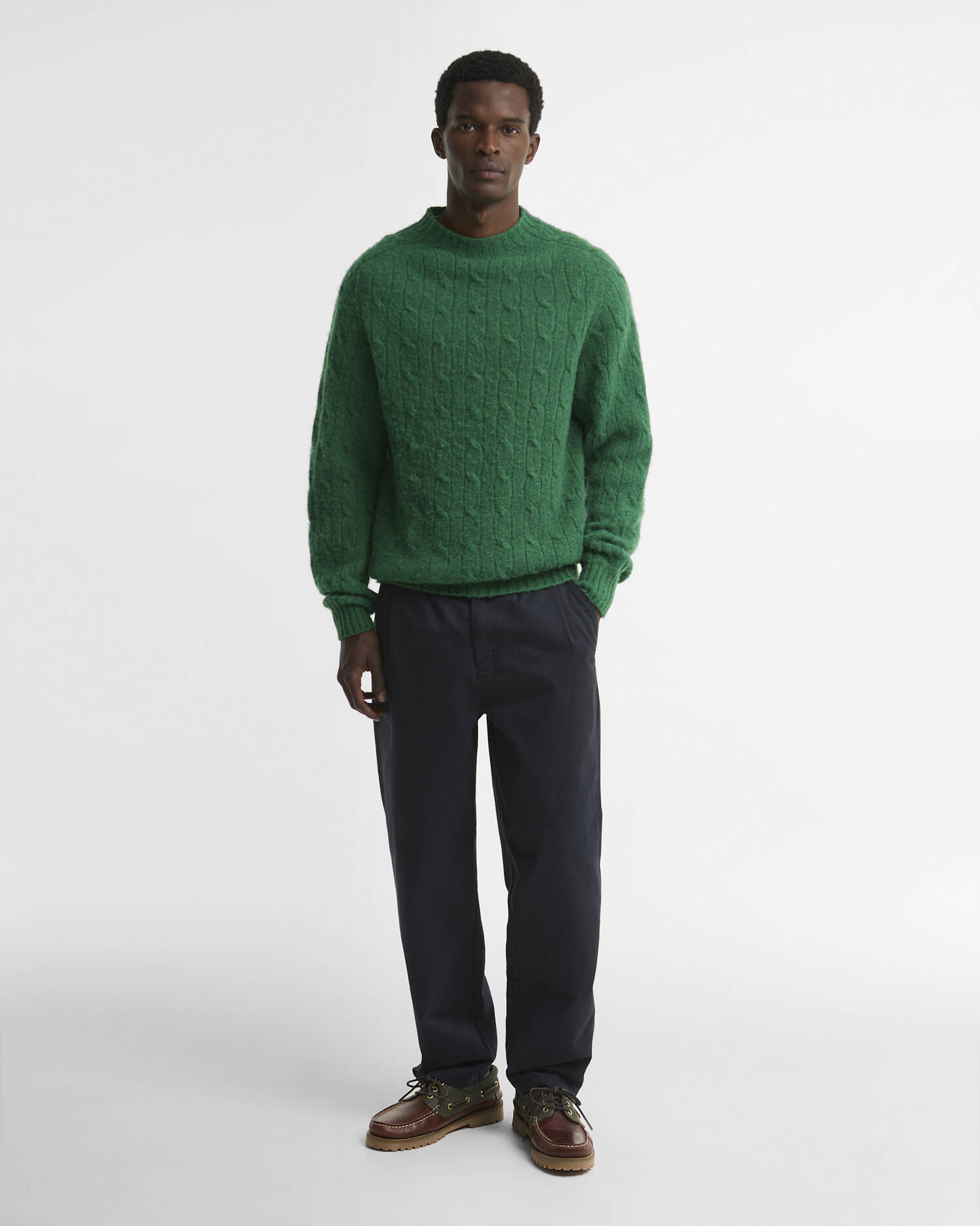 Scottish Made Cable-Knit Wool Crew Neck Jumper Sycamore image number 1