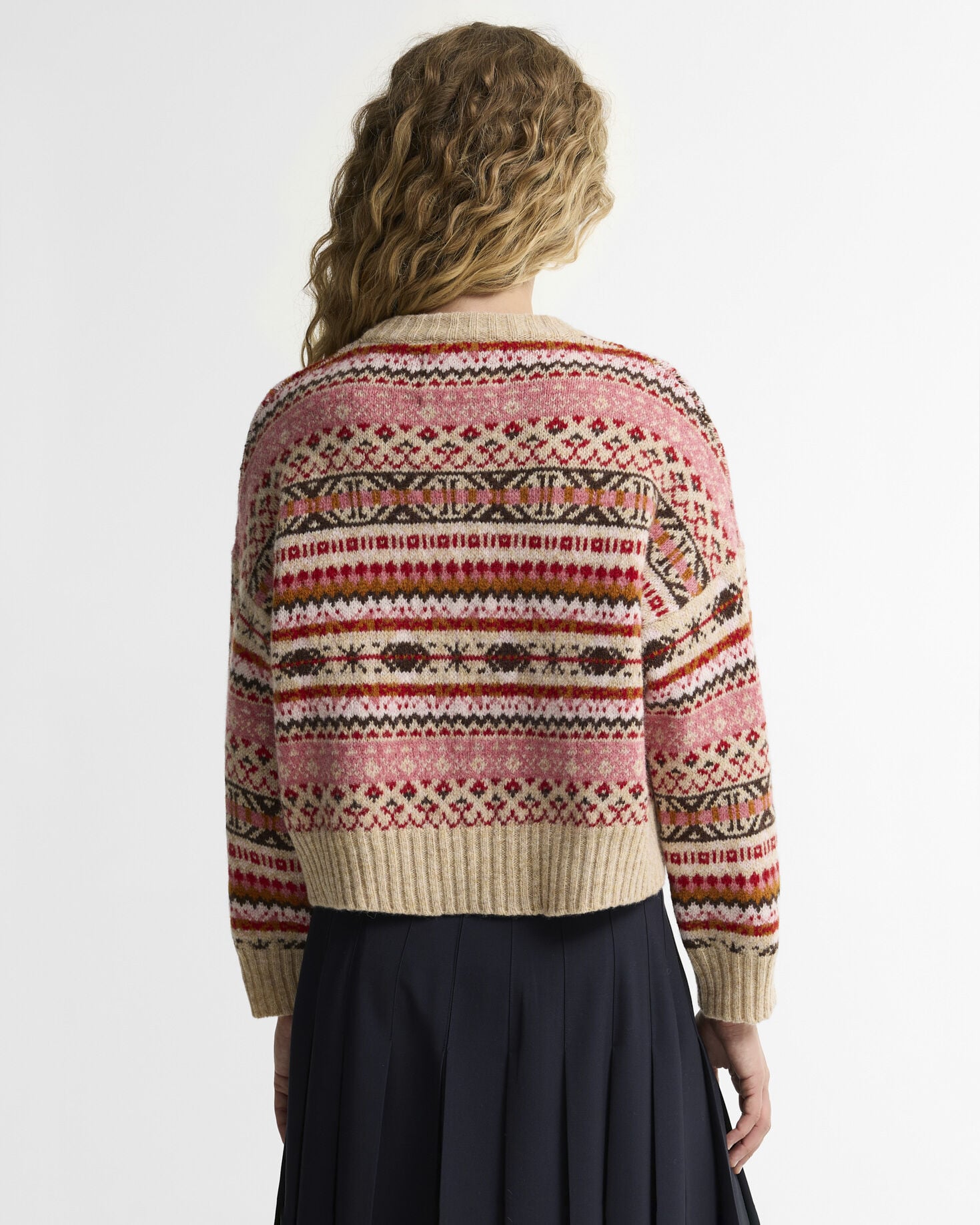 Scottish Made Overton Wool Cropped Crew Neck Jumper Raspberry Multi