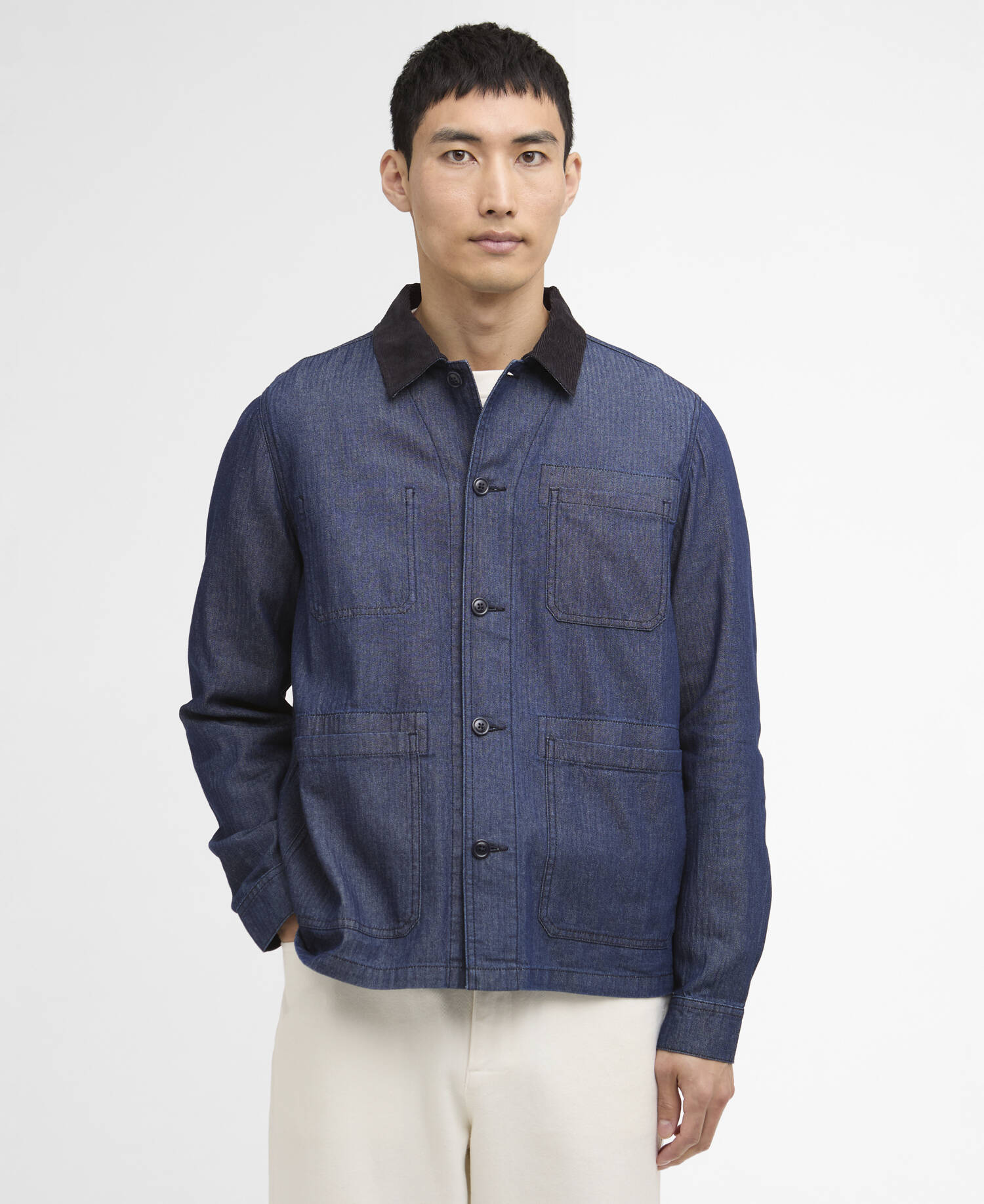 Overshirt Piligan in denim con motivo a spina di pesce Indigo image number 0