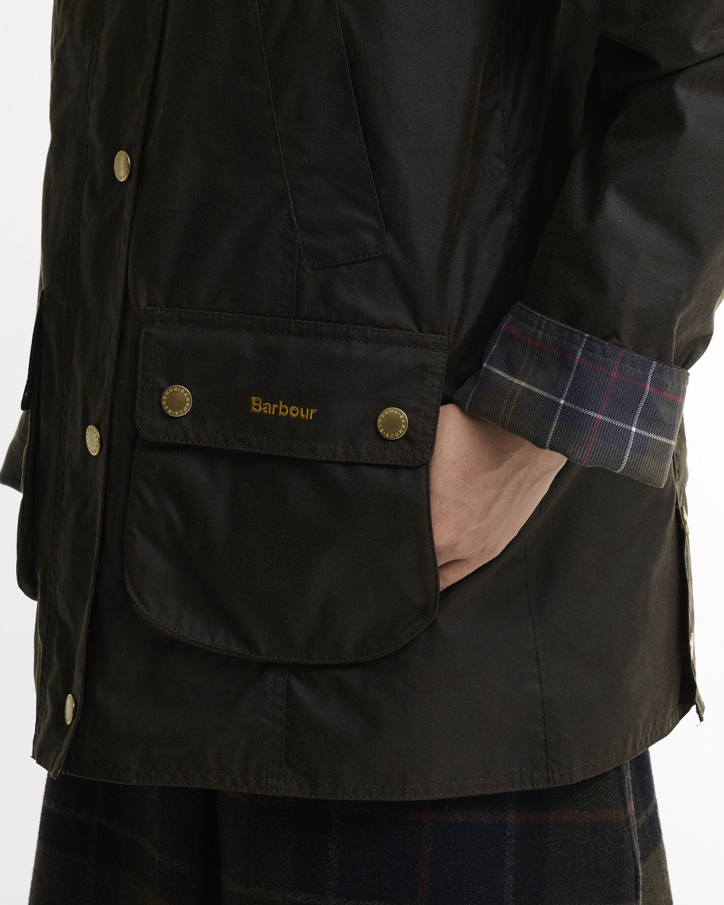 Giacca cerata Modern Beadnell con colletto in tartan Icons Olive/Classic