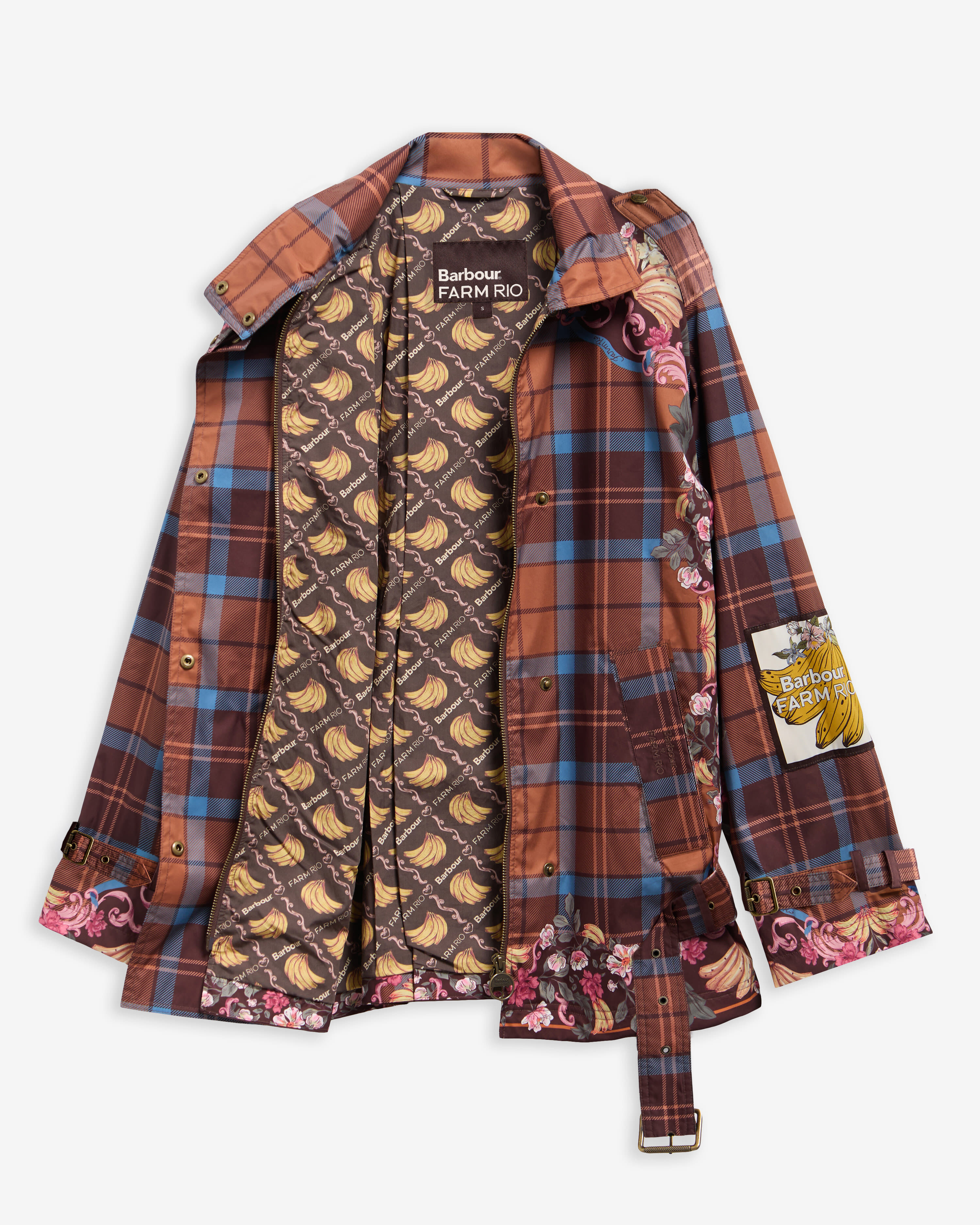 Barbour FARM Rio Petrea Belted Showerproof Jacket Tropical Tea Tartan/Banana Print