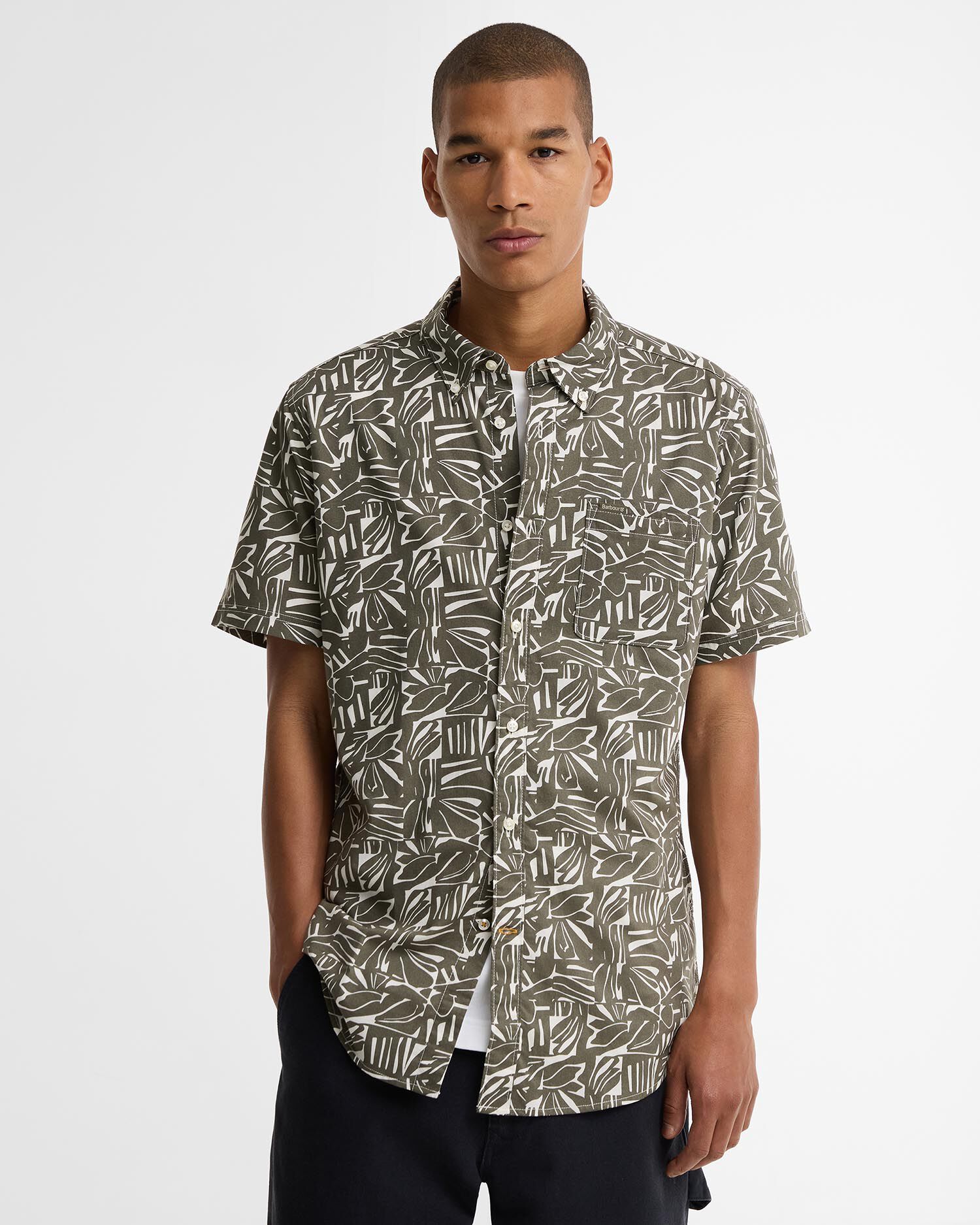 Orton Printed Tailored Short-Sleeved Shirt Olive