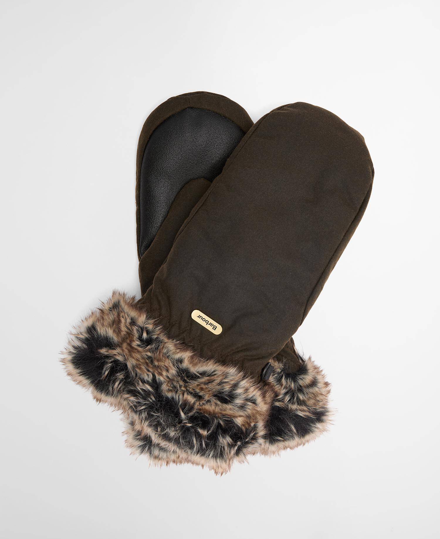 Waxed Faux-Fur Trim Mittens Olive image number 0