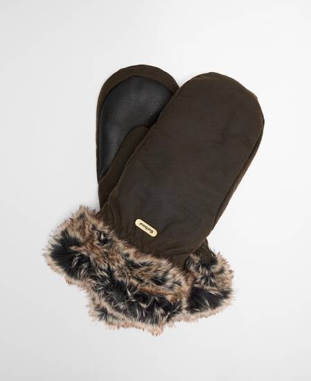 Waxed Faux-Fur Trim Mittens Olive