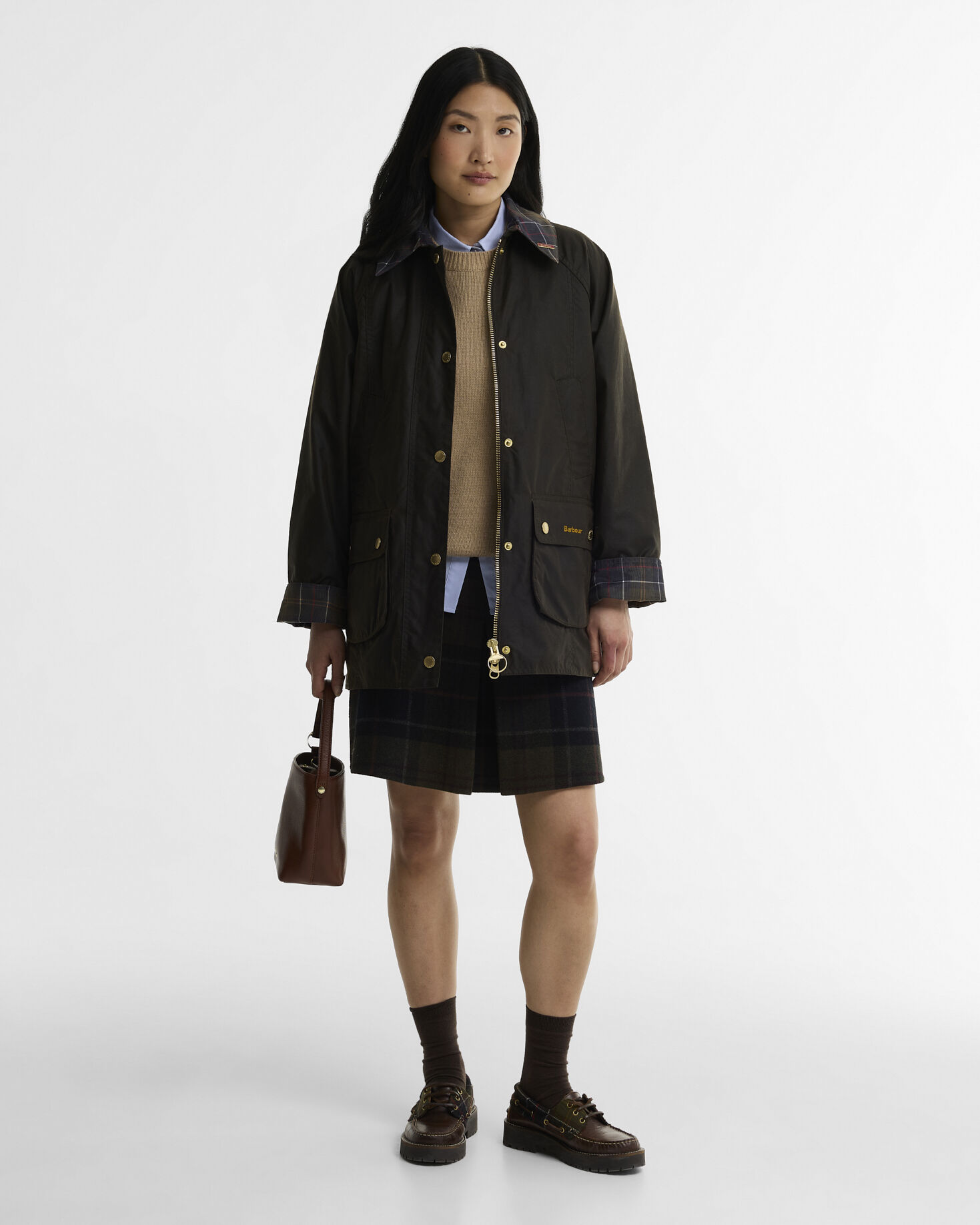 Giacca cerata Modern Beadnell con colletto in tartan Icons Olive/Classic
