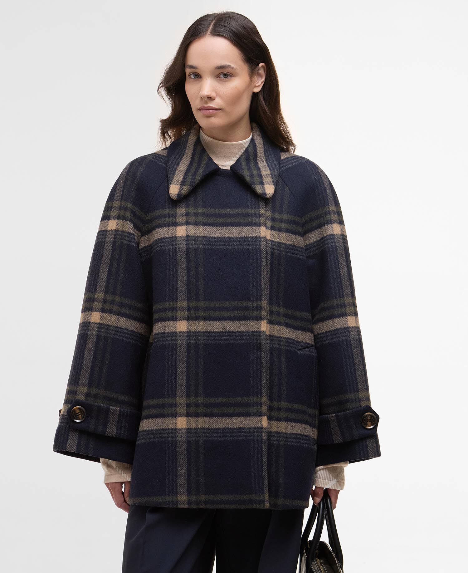 Car Coat in lana Tara Navy Windowpane Check
