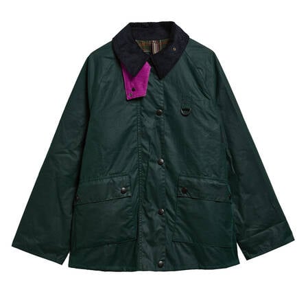 Paul Smith Loves Barbour Women's Long Spey  Waxed Jacket Bottle Green Heraldry Print